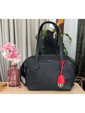 BOTH... TORY BURCH BLACK PERRY HANDBAG WITH RED LOGO HANGTAG